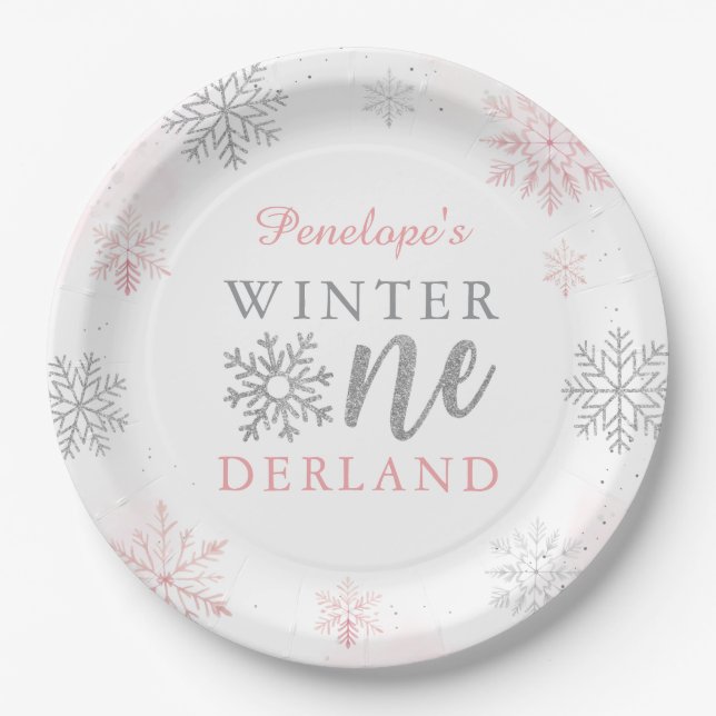 Winter Onederland Silver Pink Glitzer 1. Geburtsta Pappteller (Vorderseite)