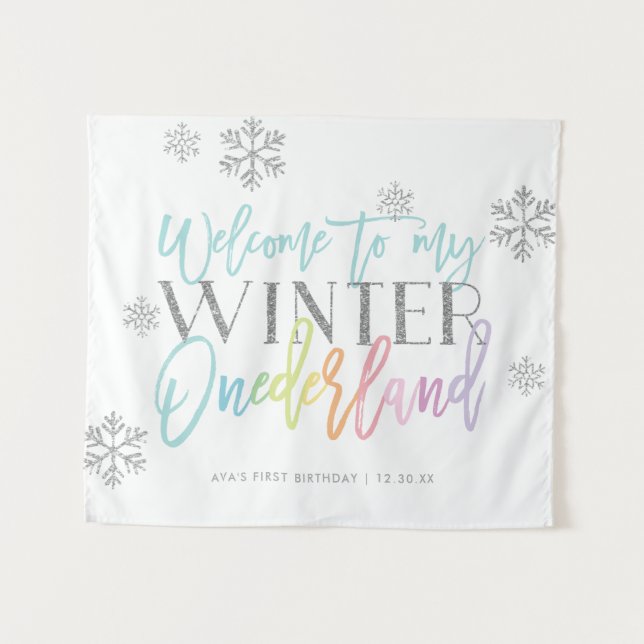 Winter ONEderland Silver Rainbow Begrüßungszeichen Wandteppich (Vorderseite (Horizontal))