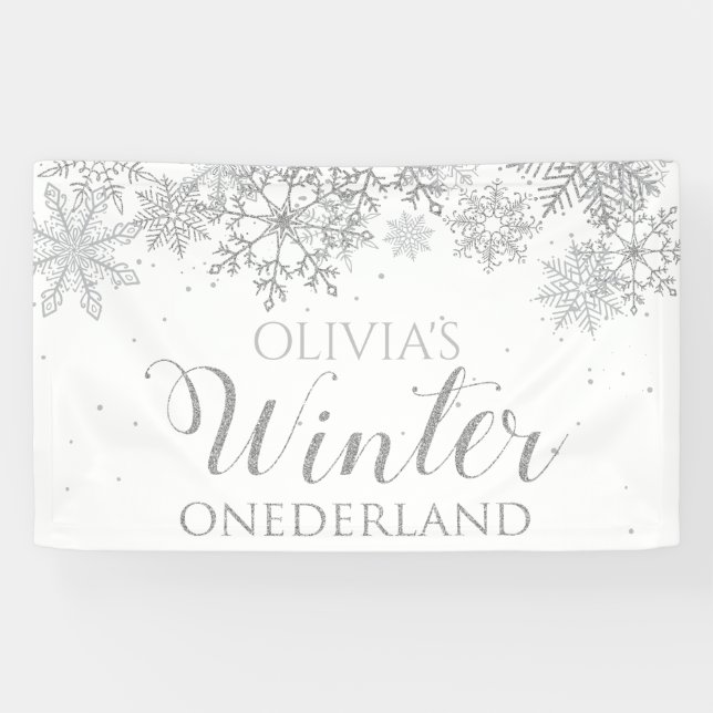 Winter Onederland Silver Snowflakes Erster Geburts Banner (Horizontal)