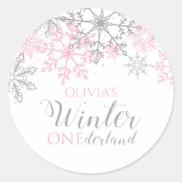 Winter Onederland Silver und Pink Snowflake Runder Aufkleber