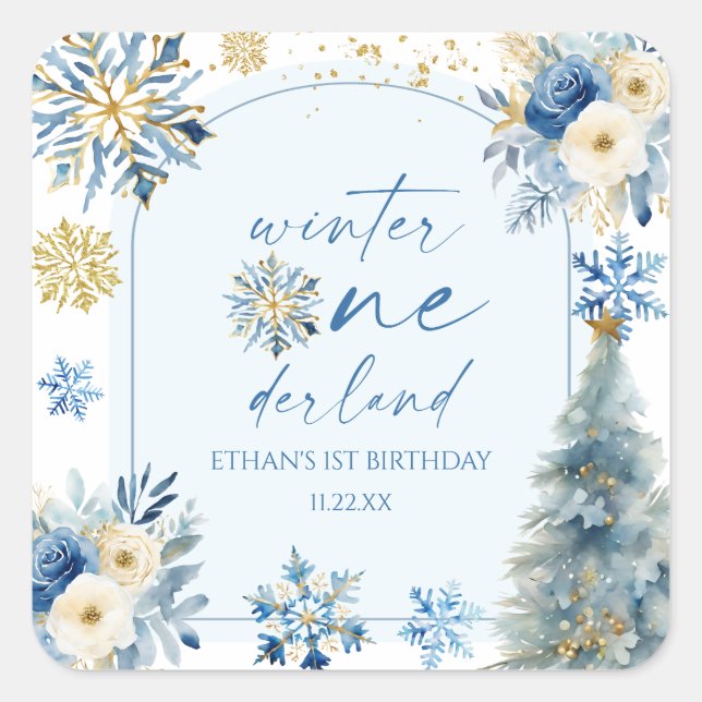 Winter Onederland Snowflake 1. Geburtstag Party Quadratischer Aufkleber (Vorderseite)