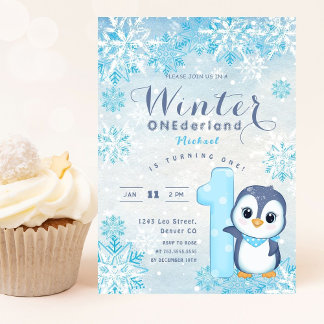 Winter Onederland Snowflakes Blue Boy 1. Geburtsta Einladung