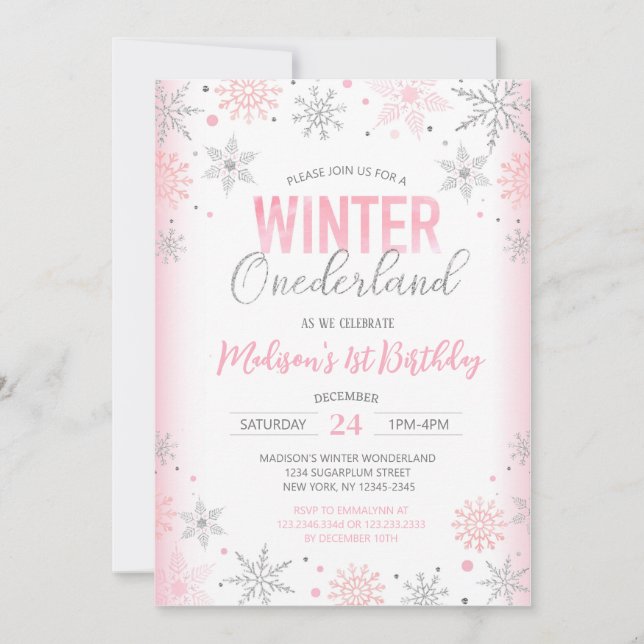 Winter Onederland Snowflakes Erster Geburtstag Einladung (Vorderseite)