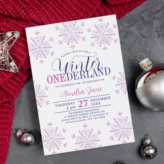 Winter Onederland snowflakes girl 1st birthday Einladung (Von Creator hochgeladen)