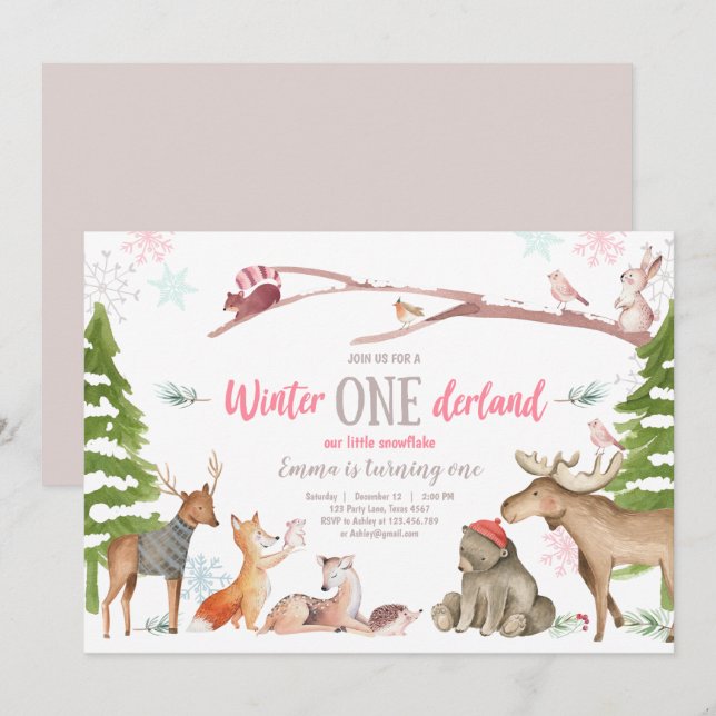Winter ONEderland Wald Rosa Geburtstag Einladung (Vorne/Hinten)