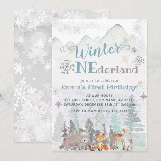 Winter ONEderland Waldtiere Geburtstag Einladung (Vorne/Hinten)