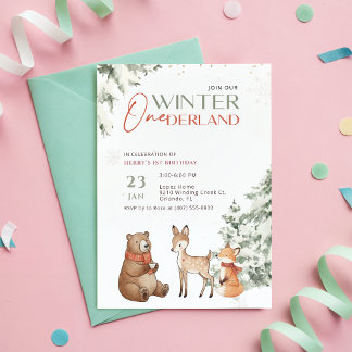 Winter Onederland Watercolor Animal First Birthday Einladung