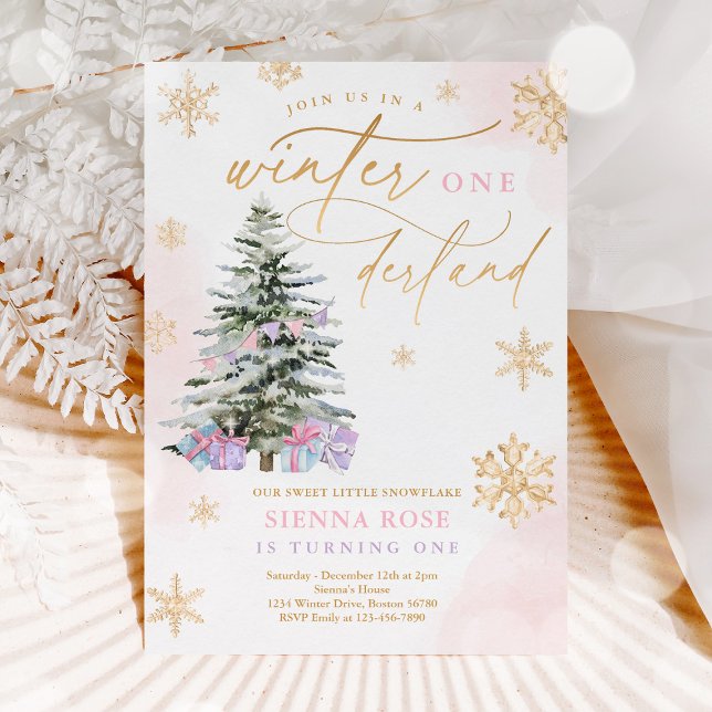 Winter Onederland Weihnachten Rosa und Gold Geburt Einladung (Von Creator hochgeladen)