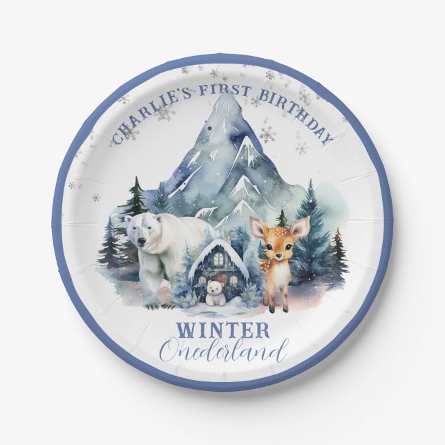 Winter Onederland Whimsical Woodland 1. Geburtstag Pappteller (Vorderseite)
