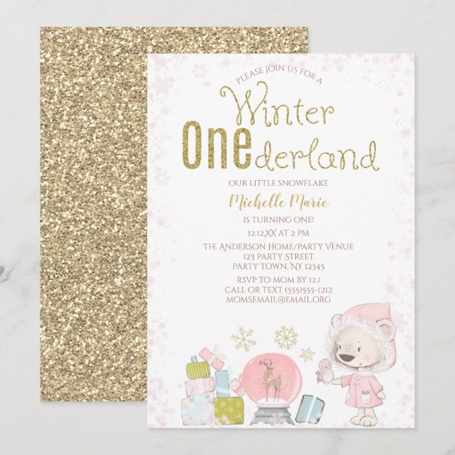 Winter Onederland Woodland 1. Geburtstag Einladung (Vorne/Hinten)