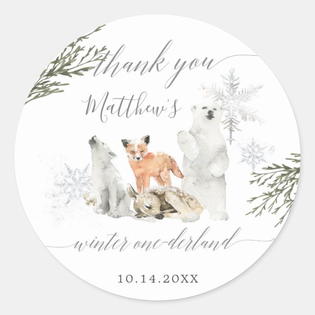 Winter Onederland Woodland Animal Danke Runder Aufkleber (Vorderseite)