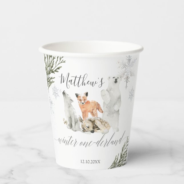 Winter Onederland Woodland Animal Geburtstag Pappbecher (Vorderseite)