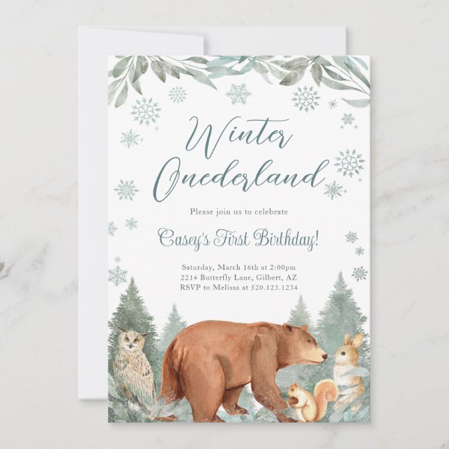 Winter Onederland Woodland Animal Party Einladung (Vorderseite)