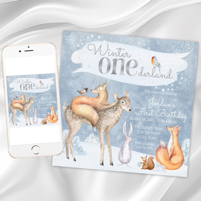 Winter Onederland Woodland Erster Geburtstag Einladung (Winter Onederland Woodland First Birthday Party Invitation with woodland animals. )
