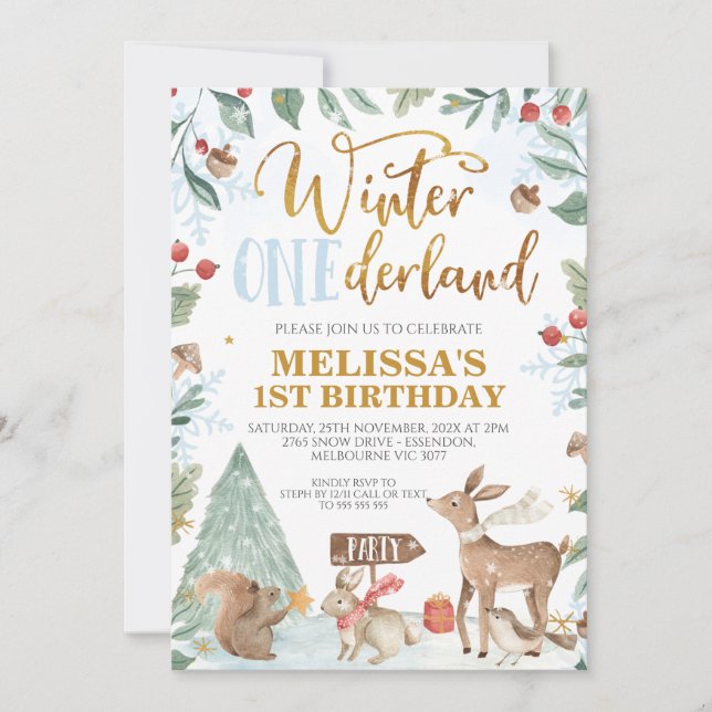 Winter Onederland Woodland Tiere Geburtstag Einladung (Vorderseite)