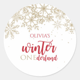 Winter ONEdernald Red and Gold Snowflake Geburtsta Runder Aufkleber