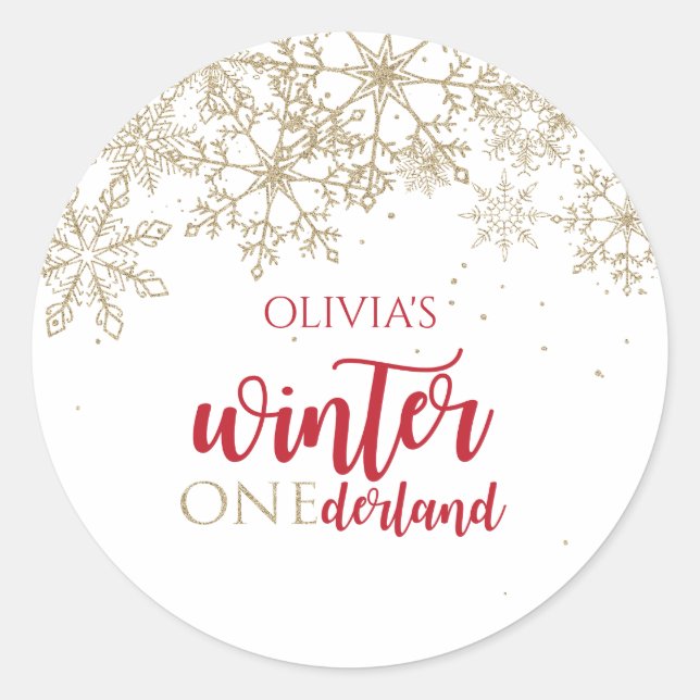 Winter ONEdernald Red and Gold Snowflake Geburtsta Runder Aufkleber (Vorderseite)
