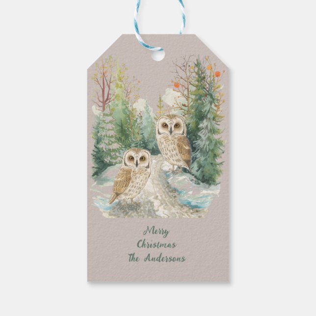 Winter Owl Christmas Woodland Art Geschenkanhänger (Rückseite)