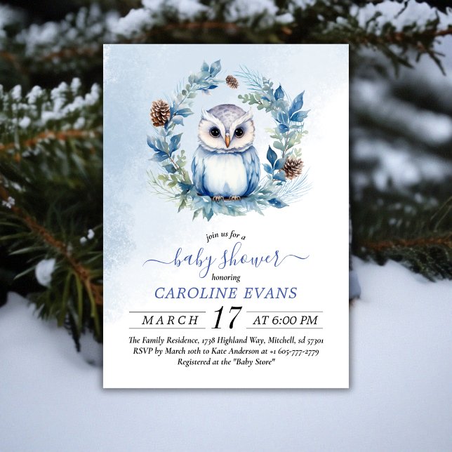 Winter Owl Watercolor Kinderdusche Einladung (Winter Owl Watercolor Baby Shower Invitation)