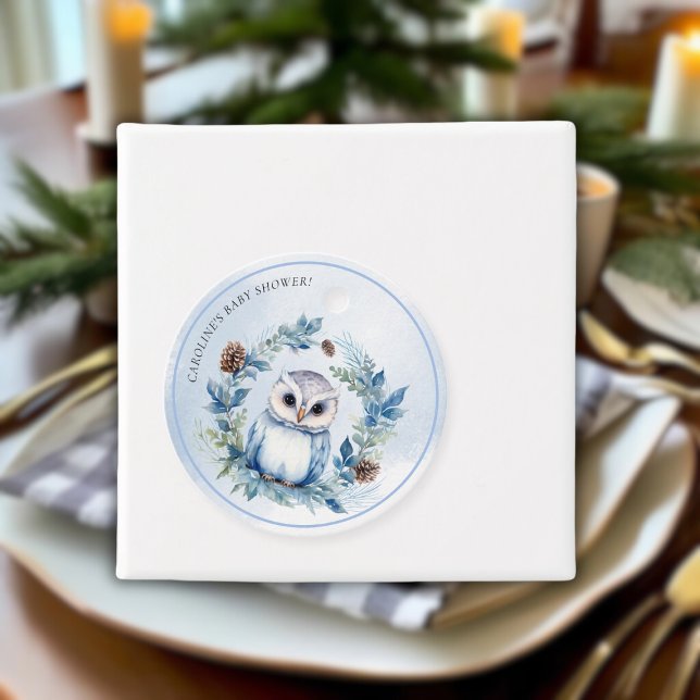 Winter Owl Watercolor Kinderdusche Geschenkanhänger (Winter Owl Watercolor Baby Shower Favor Tags)