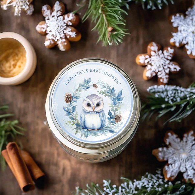 Winter Owl Watercolor Kinderdusche Runder Aufkleber (Winter Owl Watercolor Baby Shower Classic Round Sticker)