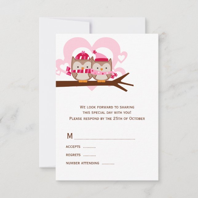 Winter Owls Wedding RSVP Cards Karte (Vorderseite)