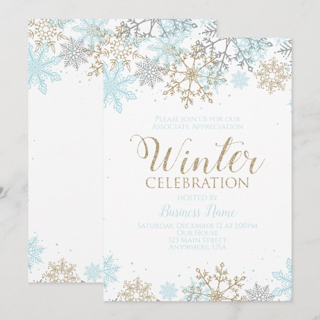 Winter Party Blue Gold Snowflakes Einladung (Vorne/Hinten)