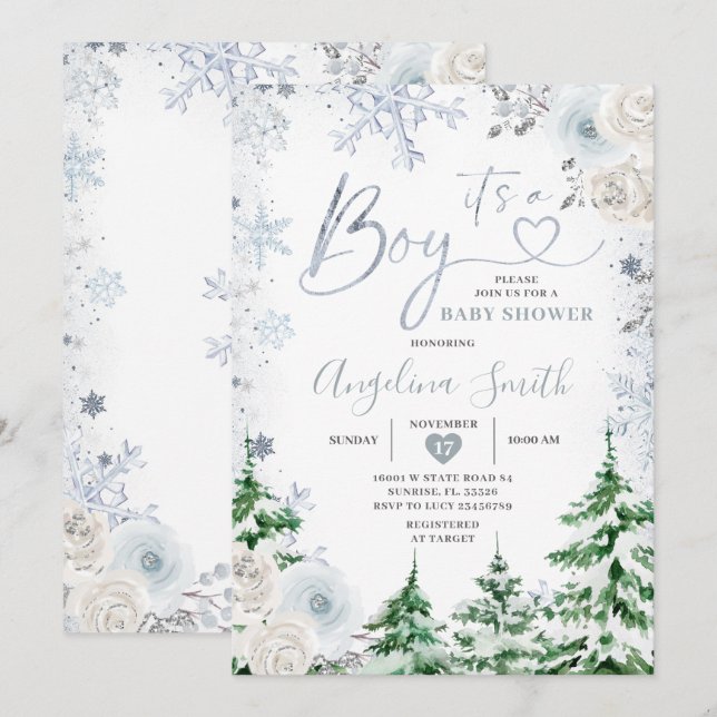 Winter Pastel Blue Snowflake Floral Baby Dusche Einladung (Vorne/Hinten)
