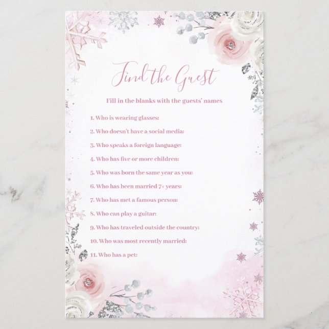 Winter Pastel Pink Snowflake Find The Guest Game (Vorderseite)