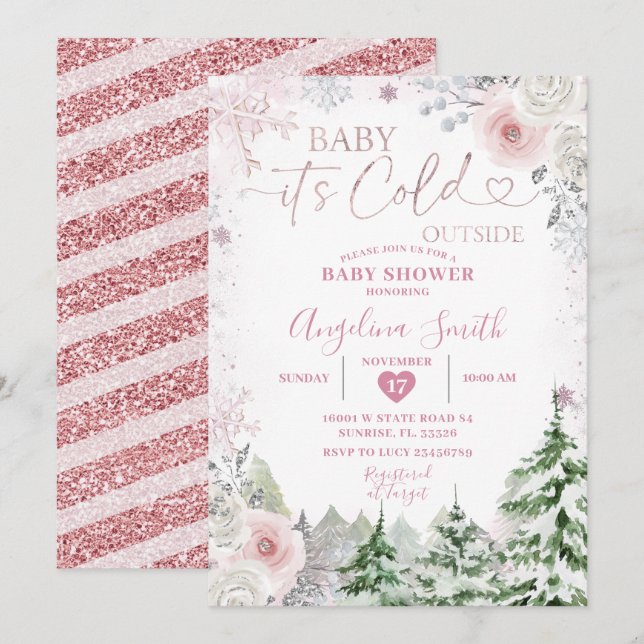 Winter Pastel Pink Snowflake Floral Baby Dusche Einladung (Vorne/Hinten)