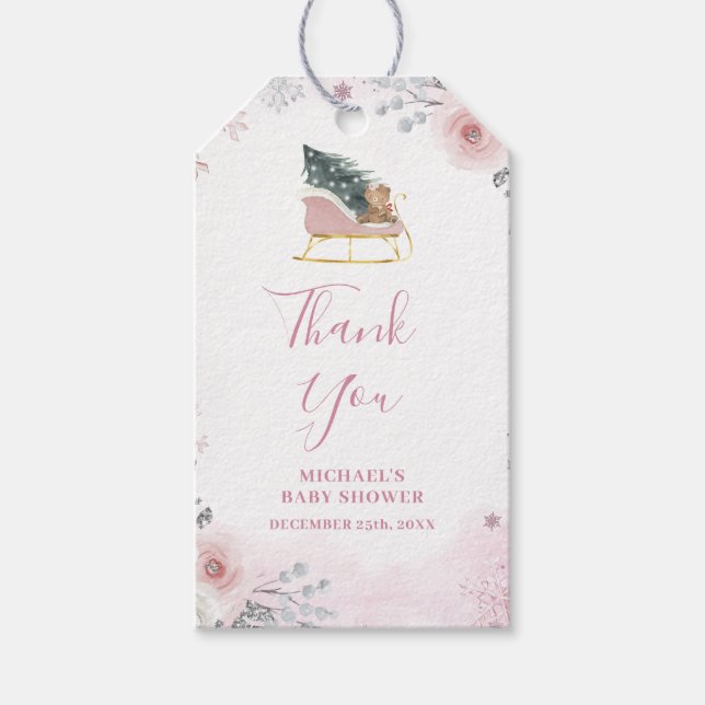 Winter Pastel Pink Snowflake Sleigh Baby Shower Geschenkanhänger (Vorderseite)