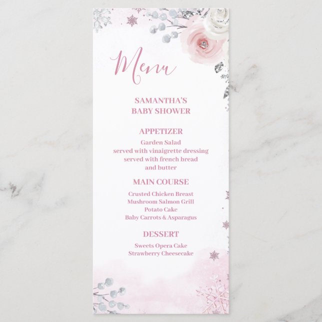 Winter Pastel Pink Snowflake Sleigh Baby Shower Menükarte (Vorderseite)