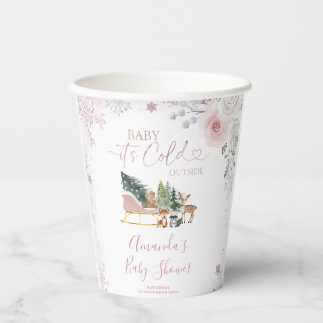 Winter Pastel Pink Snowflake Sleigh Baby Shower Pappbecher (Vorderseite)