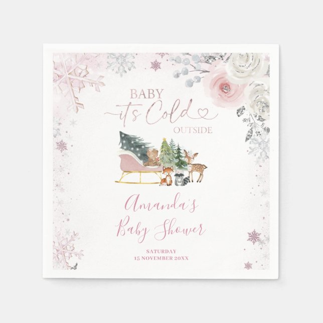 Winter Pastell Rosa Schneeflocke Schlitten Baby Sh Serviette (Vorderseite)