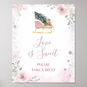 Winter Pastell Rosa Schneeflocke Schlitten Liebe i Poster