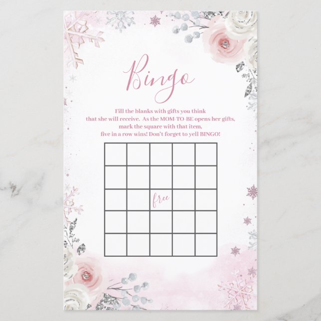 Winter-Pastell-Rosa-Schneeflocken-Schlitten-Bingo- (Vorderseite)