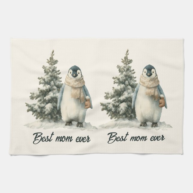 Winter Penguin “Best Mom Ever” Design Geschirrtuch (Horizontal)