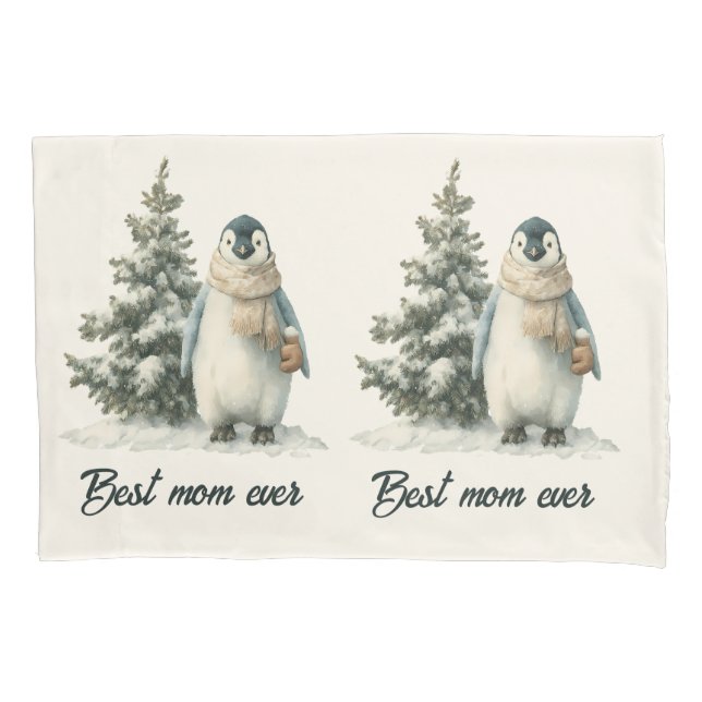 Winter Penguin “Best Mom Ever” Design Kissenbezug (Vorderseite)