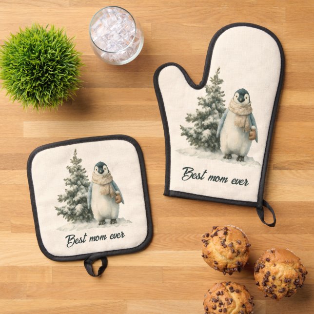Winter Penguin “Best Mom Ever” Design Ofenhandschuh & Topflappen-Set (Oben Unten)