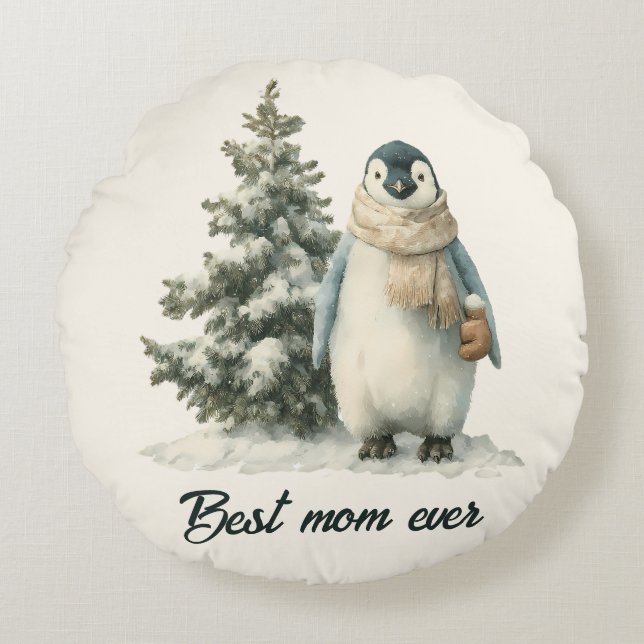 Winter Penguin “Best Mom Ever” Design Rundes Kissen (Vorderseite)
