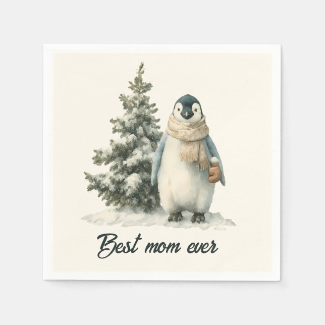 Winter Penguin “Best Mom Ever” Design Serviette (Vorderseite)
