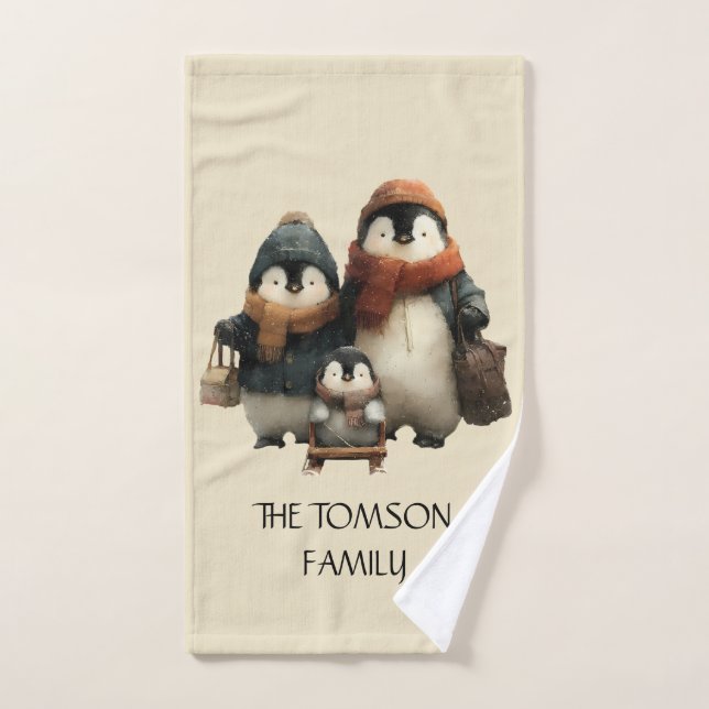 Winter Penguin Family Personalized Design Badhandtuch Set (Handtuch)