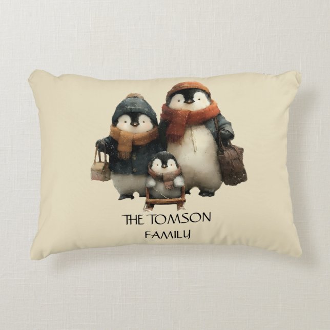 Winter Penguin Family Personalized Design Dekokissen (Vorderseite)