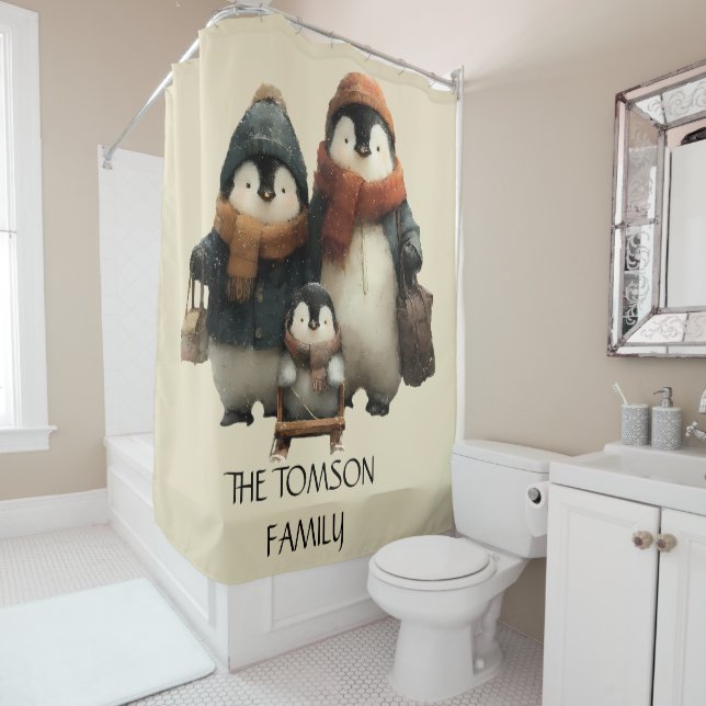 Winter Penguin Family Personalized Design Duschvorhang (Beispiel)