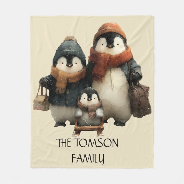 Winter Penguin Family Personalized Design Fleecedecke (Vorderseite)