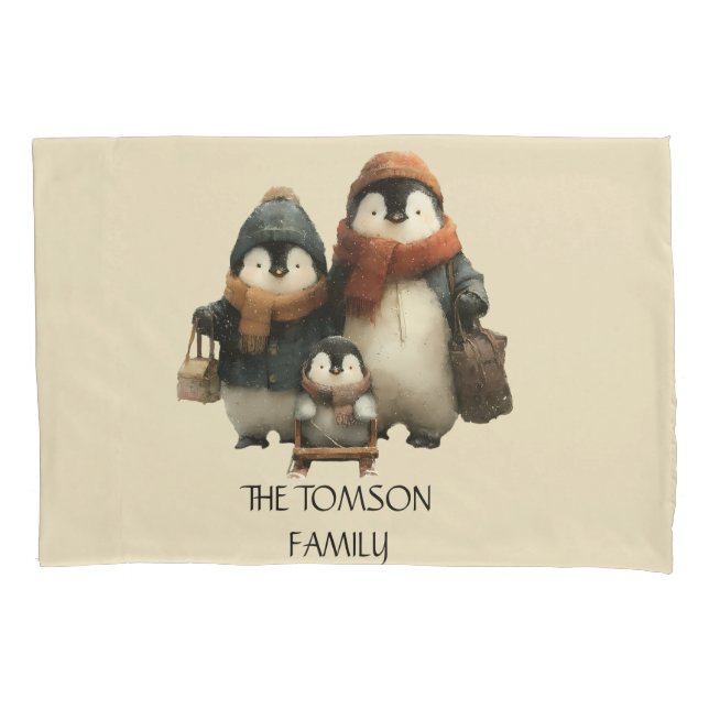 Winter Penguin Family Personalized Design Kissenbezug (Vorderseite)