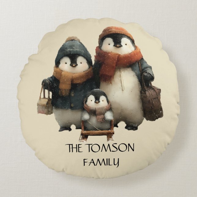 Winter Penguin Family Personalized Design Rundes Kissen (Vorderseite)