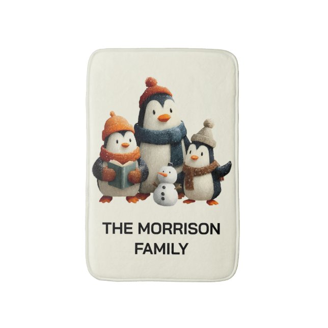Winter Penguin Family with Snowman Badematte (Vorderseite Vertikal)