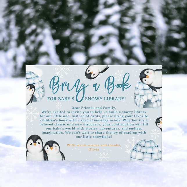 Winter penguin igloos bring a book baby shower begleitkarte (Winter penguin igloos bring a book baby shower enclosure card)