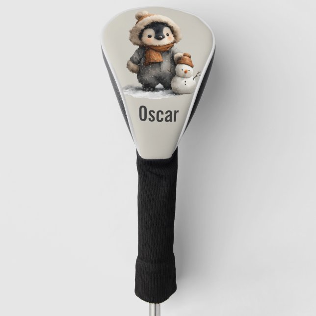 Winter Penguin with Snowman Design Golf Headcover (Vorderseite)